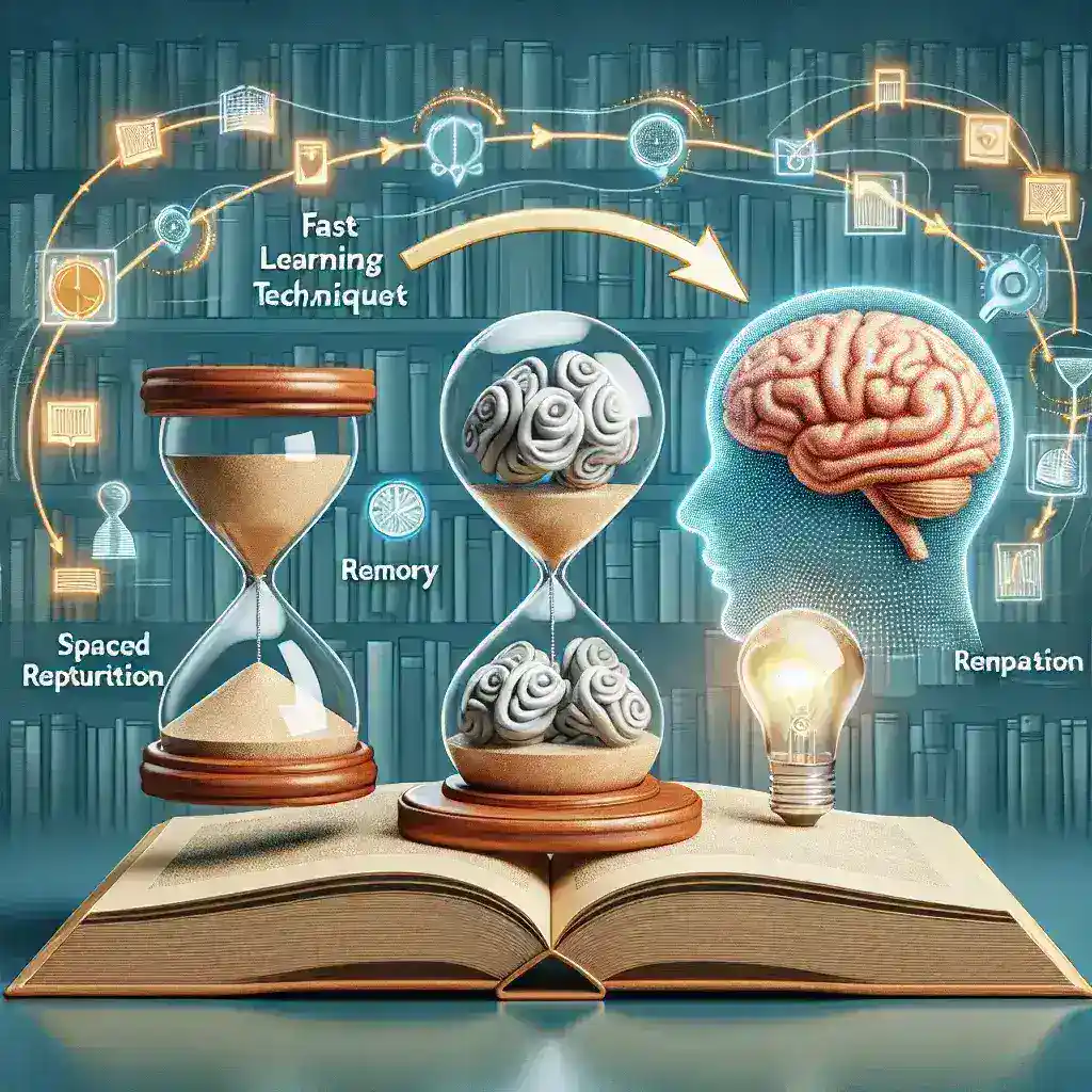 "Ilustrasi Teknik Belajar Cepat dengan Active Recall dan Spaced Repetition: Grafik yang menunjukkan metode pembelajaran efektif untuk meningkatkan daya ingat dan retensi informasi."